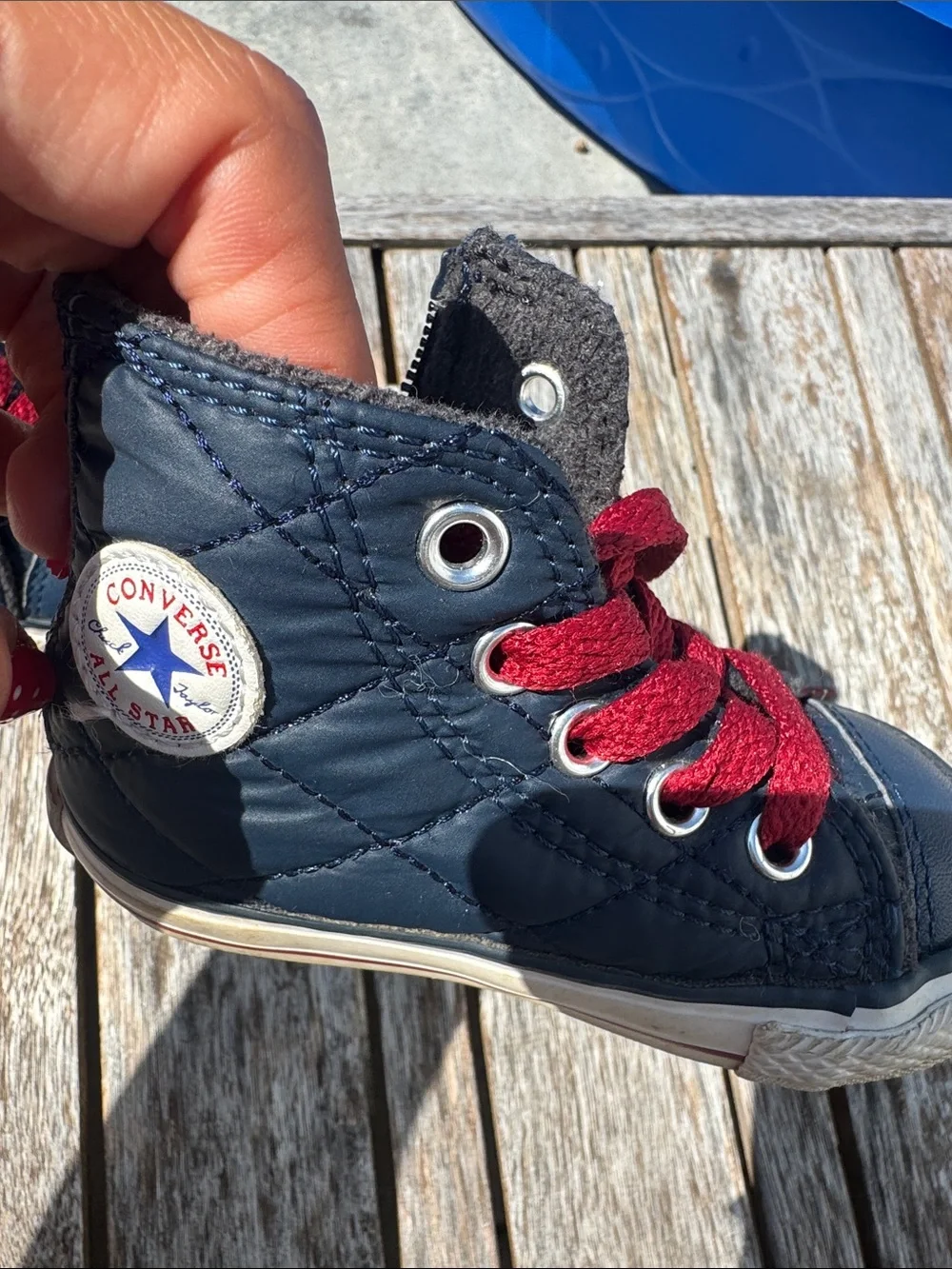 Converse baby shoes size 5 Navy Quilted High-Top Sneakers with Red Laces